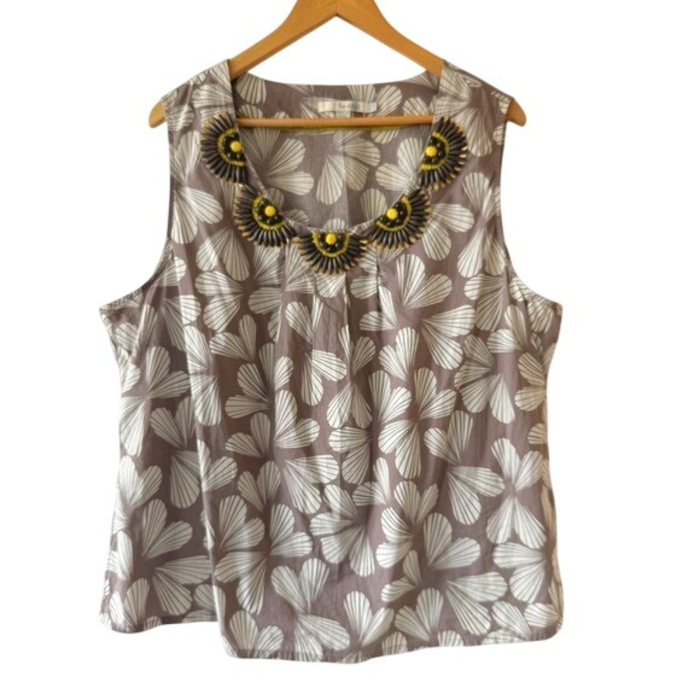 Boden Brown Floral Sleeveless Embellished Neckline Top Size 18